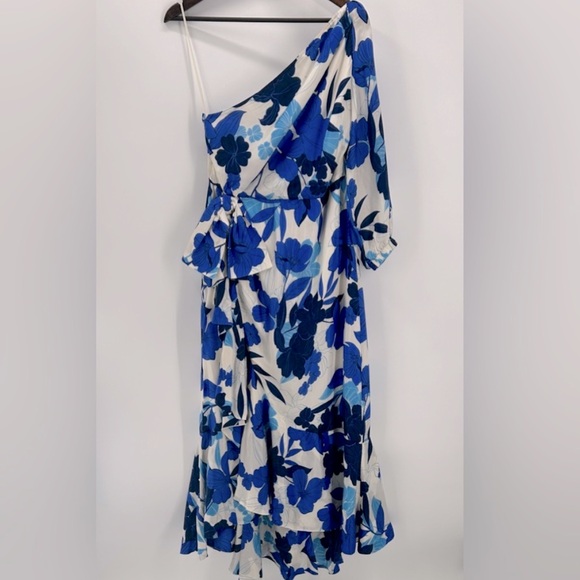 J.Crew Collection one-shoulder ruffle-hem dress blue painted floral print. Sz 00 - Picture 4 of 7